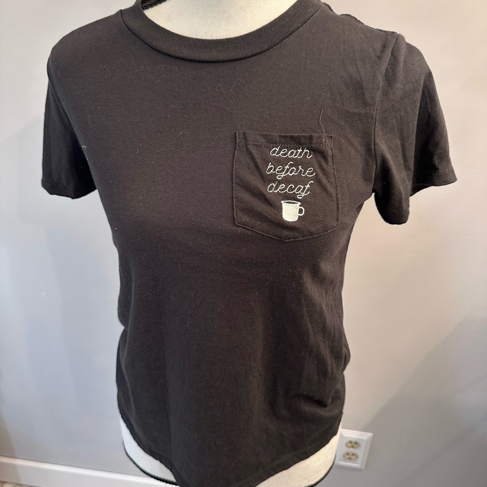 Woman’s Black Graphic Tee with Pocket Design perfect for coffee lover